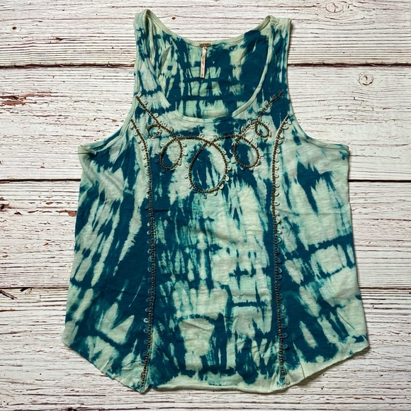 Free People Everything Zen Teal Tie Dye Beaded Tank Top Sz S - Picture 3 of 14